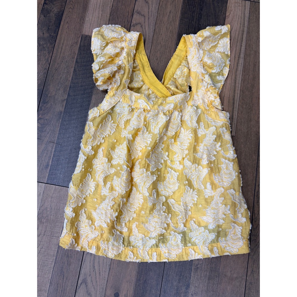 Anthropologie Yellow Floral Jacquard Ruffle Flutter Sleeve Crossback Tank Top XS